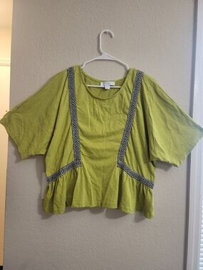 BUNULU Lime Green Slub Cotton Blouse XL Boho Geometric Embroidered Trim Peplum